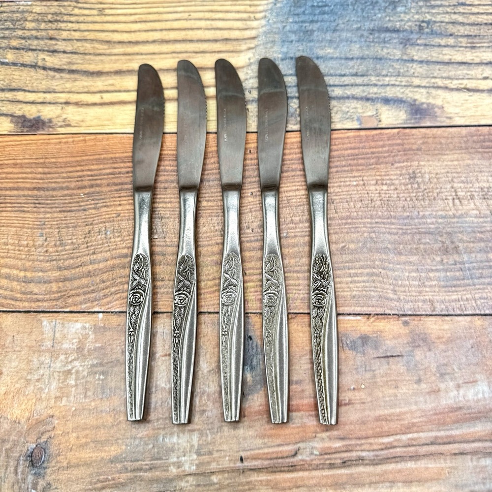 Japan Midnight Rose Stainless Flatware Knives Set of 5 Floral Vintage MCM